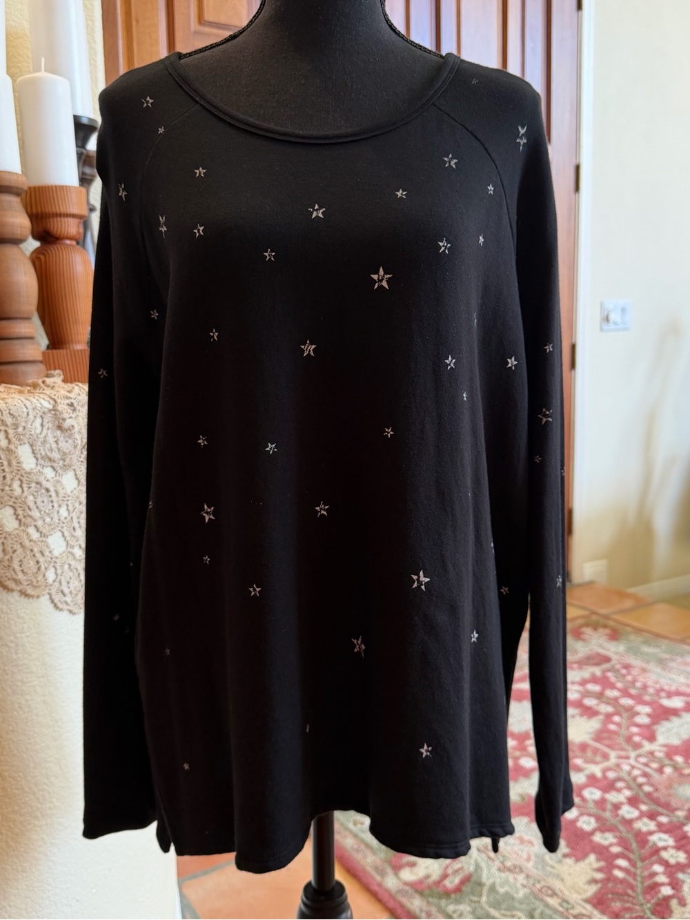 Karen Kane Black Long-Sleeve Crewneck Top with Silver Star Details